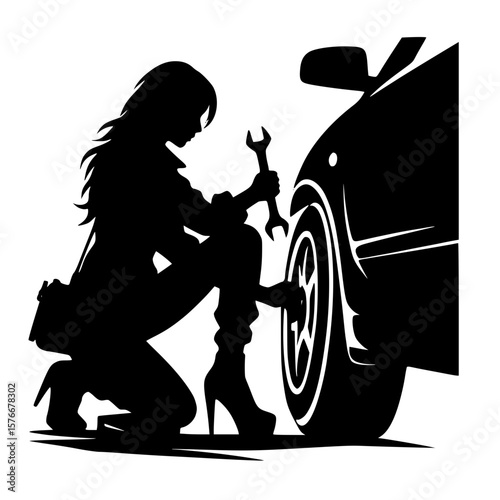 Person changing car tire icon, black silhouette, crouching with wrench, minimal mechanical clipart