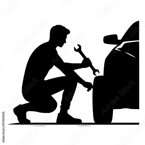 Person changing car tire icon, black silhouette, crouching with wrench, minimal mechanical clipart