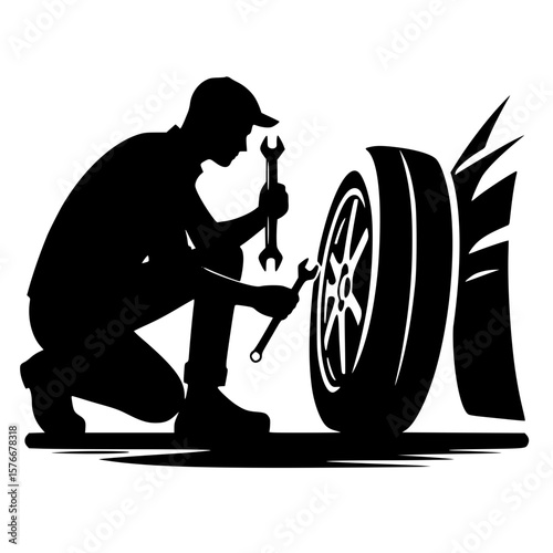 Person changing car tire icon, black silhouette, crouching with wrench, minimal mechanical clipart