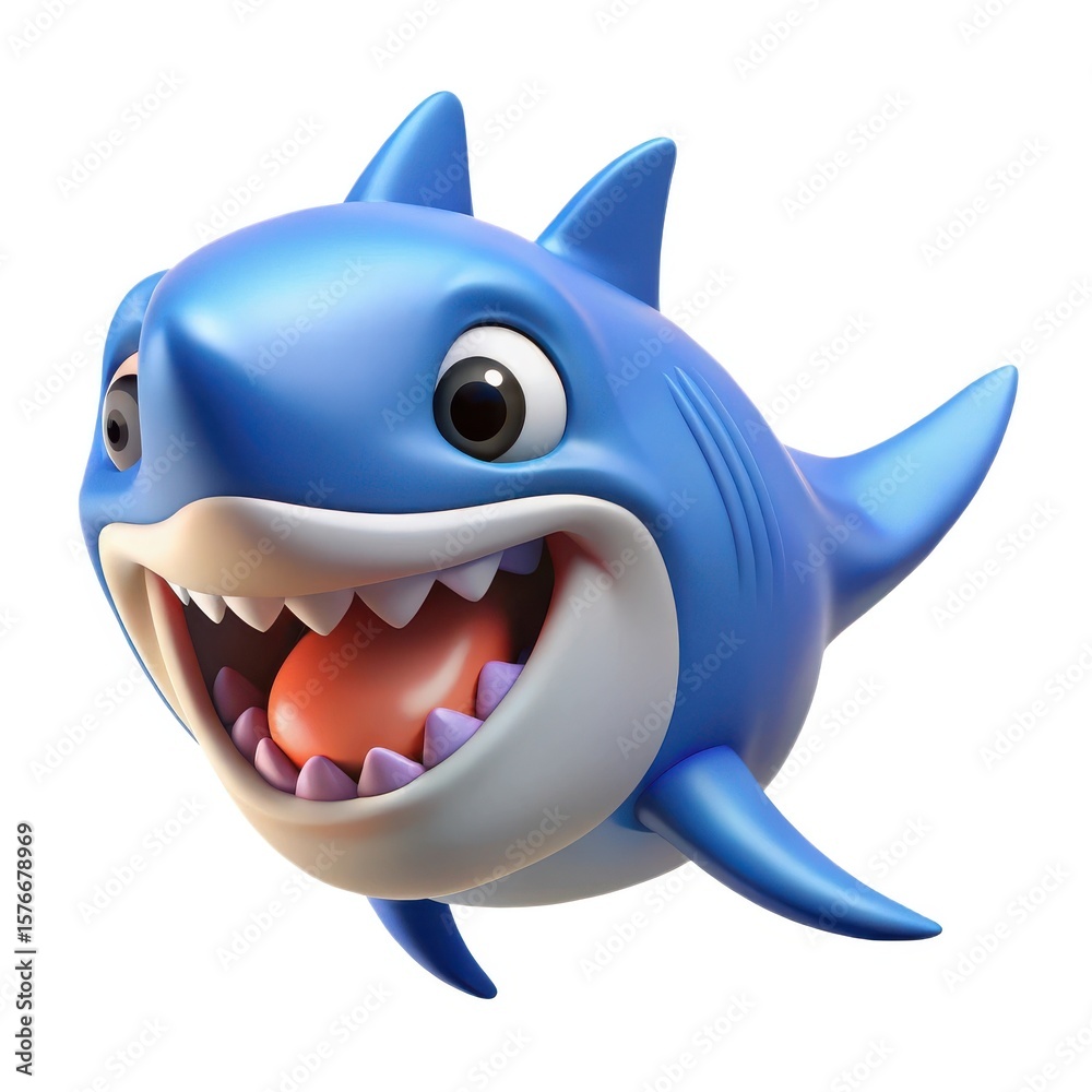 Obraz premium Cute cartoon blue shark with big mouth and sharp teeth isolated on white background