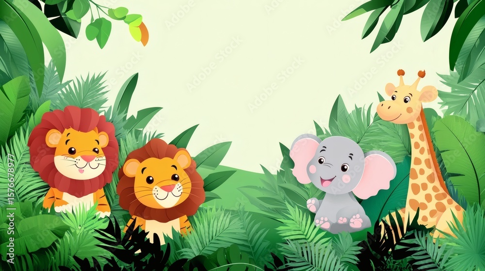 Naklejka premium Cute cartoon animals in a vibrant jungle setting