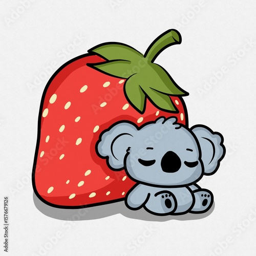 Canvas Print Sweet Koala Cuddling a Giant Strawberry