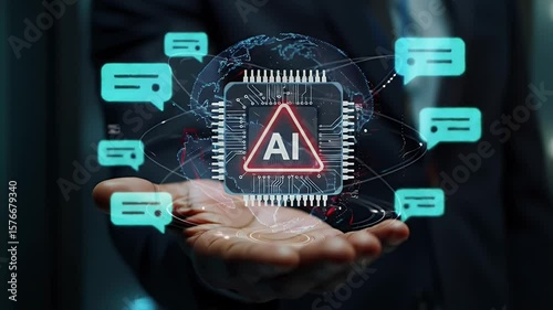 Warning of Ai Graphic Overlay on Hand Representing Digital Future and Cybersecurity Risk in a Technological World