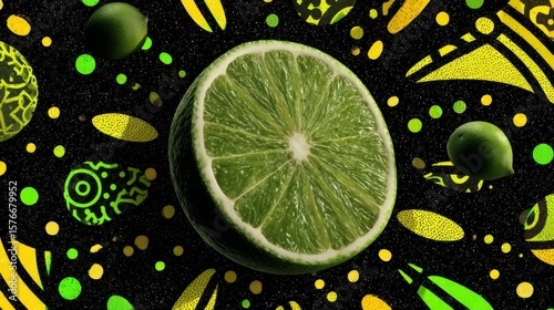 Vibrant Green Lime Slice in Abstract Cosmic Background