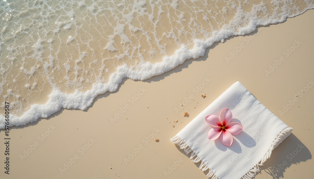 Naklejka premium Tropical beach with soft ocean wave washing white sand and pink plumeria flower on towel, summer travel vacation background for relaxation, exotic coastal escape and peaceful holiday vibe 