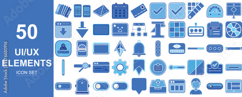 Collection of fifty blue ui ux design elements and icons for web and app development