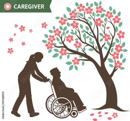 caregiver helping elderly person under blossom tree