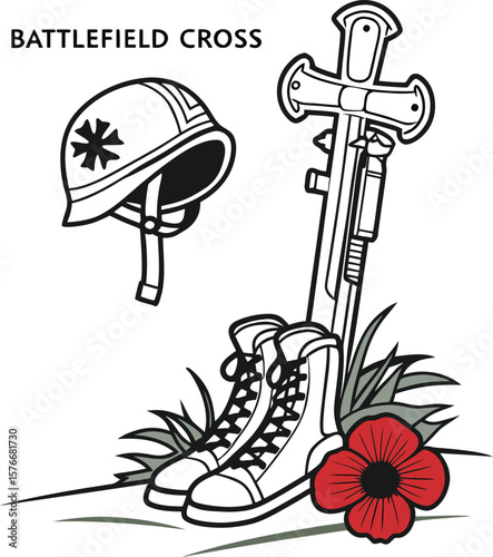 battlefield cross with boots helmet gun and flower