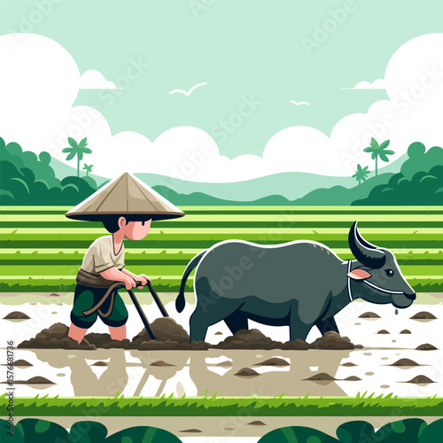 Traditional Farming with Buffalo on Rice Field Cartoon Illustration