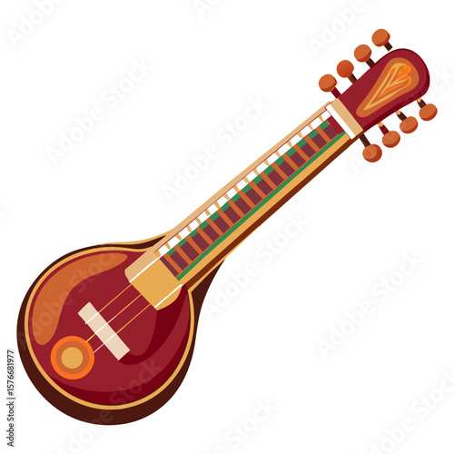 A cartoon Sitar, a traditional Indian string instrument, with a dark red body and a colorful neck.