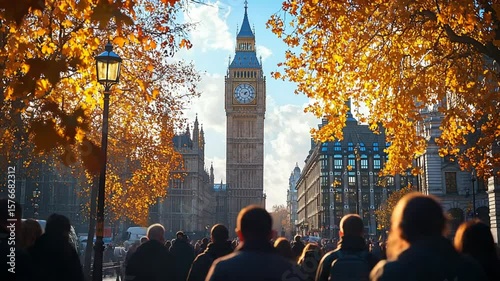 Big Ben's Autumnal Majesty: London Landmark with Crowds