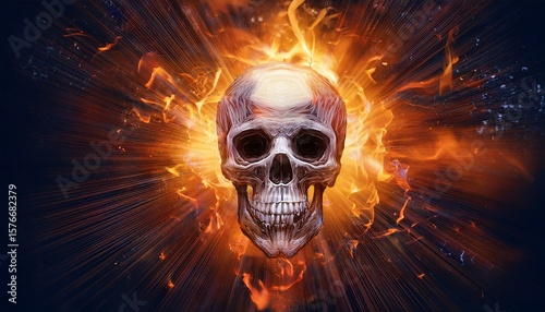 a detailed illustration of a skull emitting radiating energy