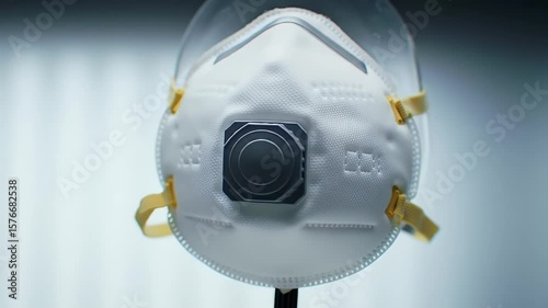 White Safety Mask with Gold Straps against Black Backdrop Medical Protection Equipment Dust Air Filter Close Up Respiratory Gear