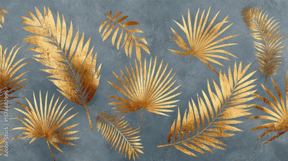 Gold Glitter Palm Leaves on Gray Textured Background Gold Glitter Palm Leaves on Gray Textured Background