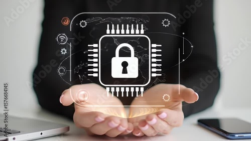 Woman Holding Digital Padlock With Cybersecurity Protection Concept Over White Table Background With Laptop Device and Phone in Soft Lighting