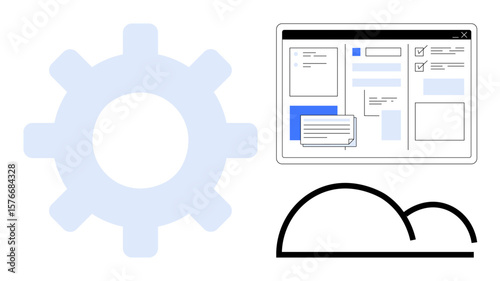 Gear wheel, cloud shape, and web interface with form elements represent cloud computing, data organization, system configuration. Ideal for technology, productivity, workflow, automation innovation