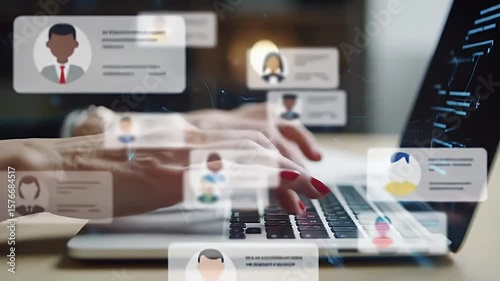 Person Typing on Laptop with Profile Icons Floating with Illuminated Background and Close Up Focused Shot in an Office with Networking Concepts