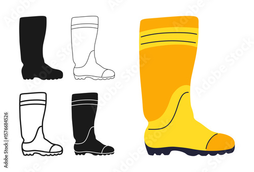 Rubber safety boots icon symbol set. Modern construction protective worker rain boots footwear for builder, mechanic, plumber service. Professional shoes work clothes design sign vector illustration