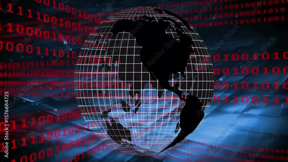 Opening showing wireframe globe rotating as red binary cascading and wave pulsing showing data flow
