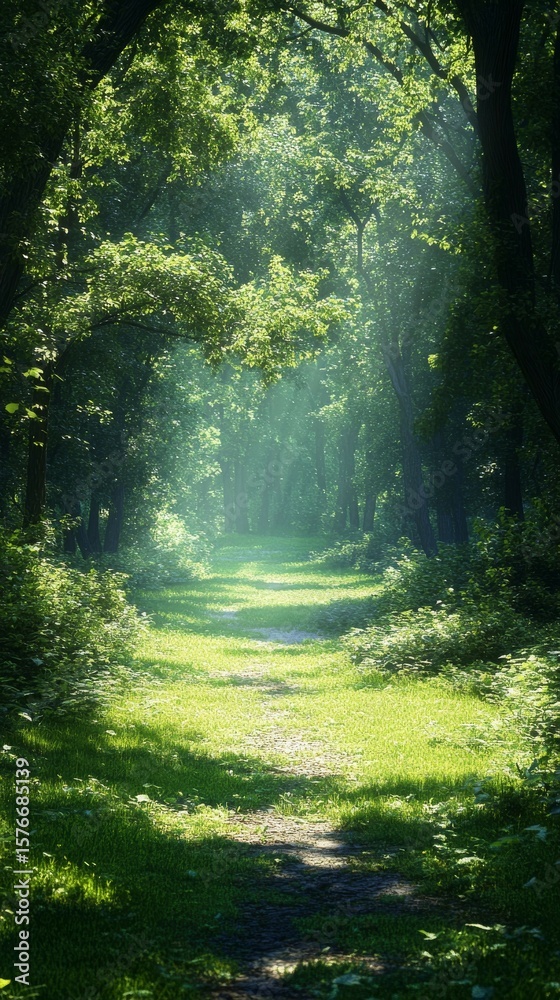 Obraz premium Walking Path Through a Green Forest with Sunlight Streaming Through