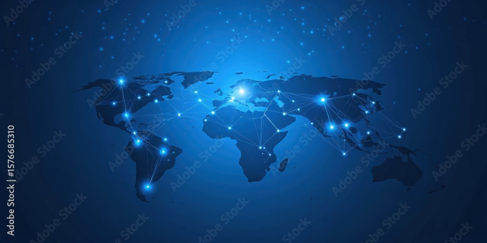 Fototapeta premium Illuminated world map with network connections on a dark blue gradient background and star like points