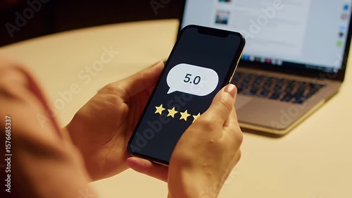 Woman Holds Smartphone Displaying Five Star Customer Feedback Against Neutral Laptop Background in Soft Lighting for Adobe Stock