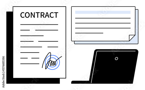 Contract with signed paper, electronic document on screen, and laptop highlighting modern business operations. Ideal for agreements, legal tasks, business deals, electronic signing, remote work