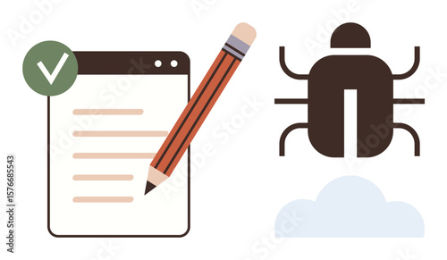 Checklist with pencil symbolizing task completion, bug for debugging or errors, and cloud for cloud-based services. Ideal for software development, code testing, task management, quality assurance