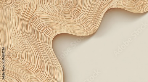 Abstract beige background featuring a swirling, wave-like pattern reminiscent of wood grain, leaving a portion of the background plain