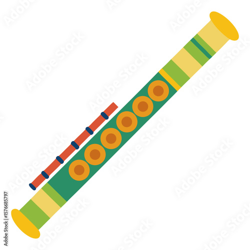 A cartoon green flute or woodwind instrument with orange keys.