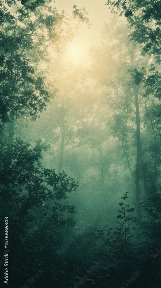 Fototapeta premium Walking in Foggy Forest with Sunlight Filtering Through Trees