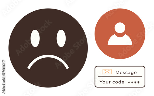 Sad face emotion with frown, user avatar in a circle, and security message box displaying a code. Ideal for communication, identity, access, emotion, security privacy UX design. Simple flat