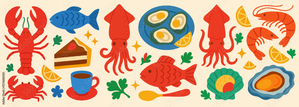 Fototapeta premium Colorful Flat Vector Set of Seafood and Culinary Icons — Lobster, Squid, Fish, Shrimp, Oysters, Dessert, Lemon, Herbs