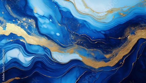 blue abstract art with golden fluid textures