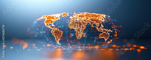 Digital world map with glowing orange lines representing continents and connections, showcasing futuristic and technological theme. map appears to be floating against blue background