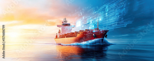 Futuristic cargo ship navigates through calm waters, with digital elements symbolizing advanced technology and logistics. vibrant sunset enhances scene dynamic atmosphere