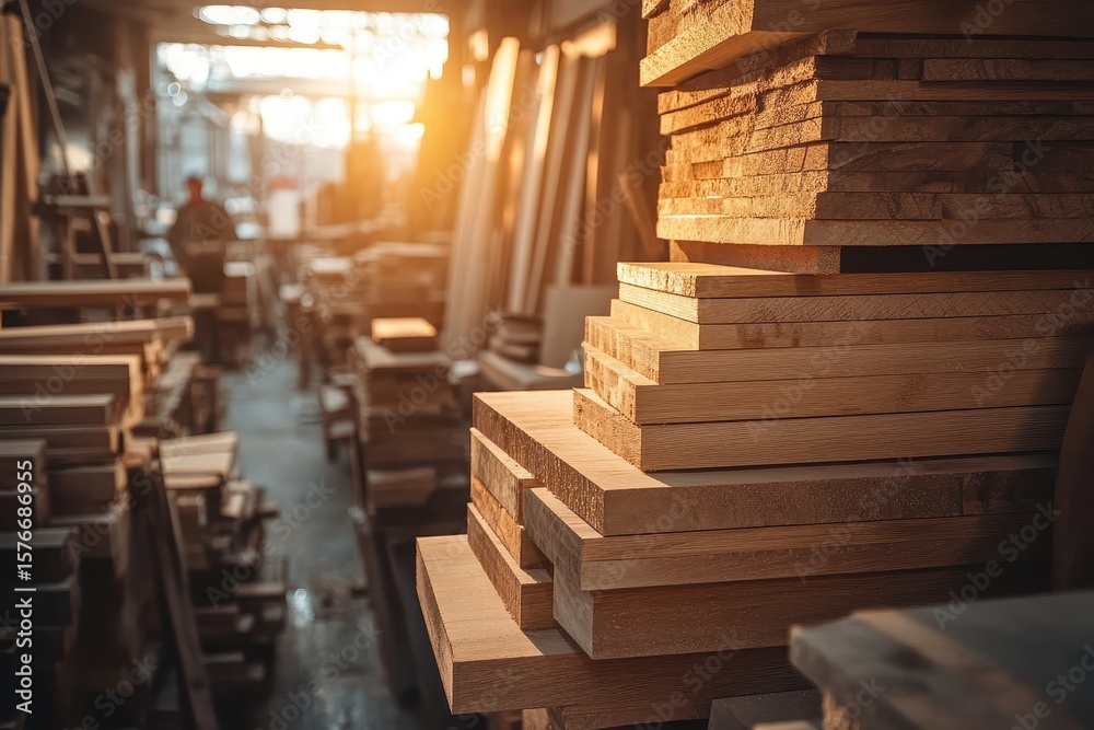 Obraz premium Stacks of raw lumber are piled in a woodworking shop with sunlight. It's perfect for construction, furniture, and design industry visuals.