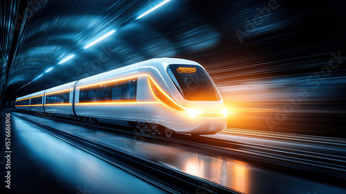 Futuristic train speeds through sci fi inspired underground network, illuminated by vibrant lights and dynamic motion. sleek design and advanced technology evoke sense of innovation and excitement
