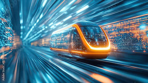 Futuristic train travels through vibrant, high tech underground network, illuminated by glowing lights and digital displays, creating sense of speed and innovation
