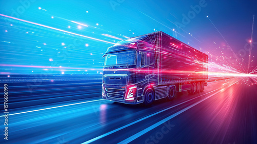 Futuristic truck in motion, illuminated by vibrant blue and red lights, symbolizes advanced logistics and smart city transportation. dynamic lines create sense of speed and innovation