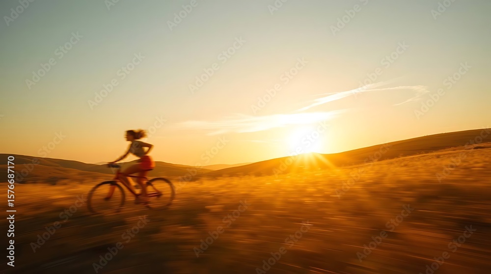 Fototapeta premium Cyclist conquers sunset golden fields ablaze
