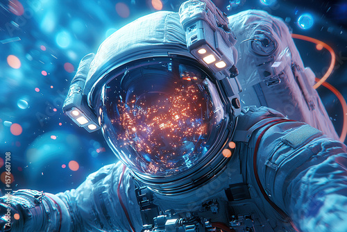 Futuristic astronaut in space environment, showcasing vibrant display of lights and particles. helmet reflects cosmic scene, evoking sense of exploration and wonder