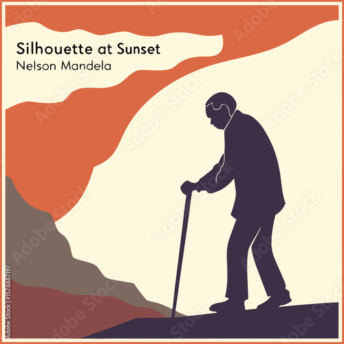 silhouette old man walking stick sunset hill calm sky art