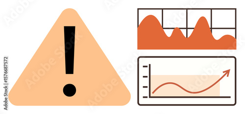Large warning sign beside two data charts with curves and upward trends. Ideal for risk management, analytics, business strategies, forecasting, financial planning, data insights, and alerts. Simple