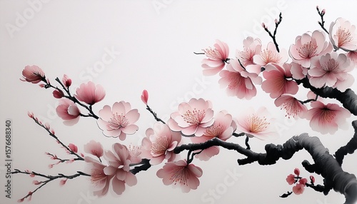 a delicate cherry blossom branch adorned with 12 vibrant pink flowers stands against a stark white background exuding tranquility and natural beauty