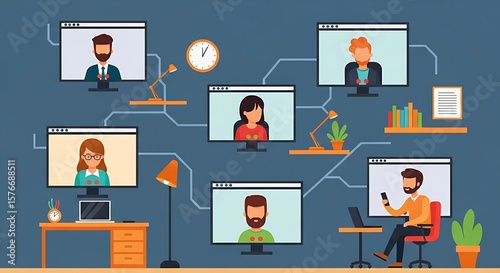 Flat cartoon people in a virtual meeting on computer screens, remote collaboration.