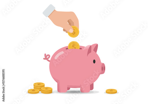 A hand putting a gold coin into a pink piggy bank. Concept of saving money, personal finance, investment, and wealth management.