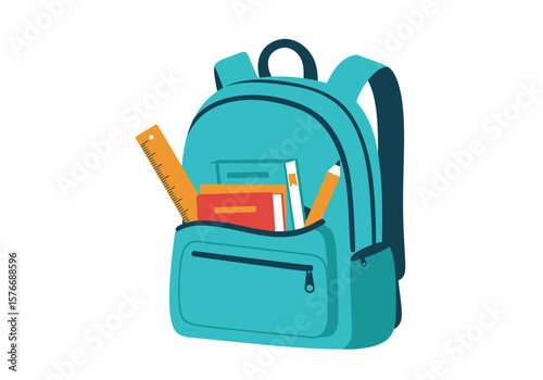 Blue school backpack with supplies like a book, ruler, and pencil. Back to school and education concept vector illustration.