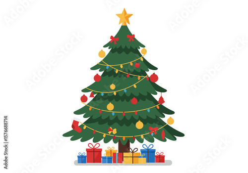 A festive Christmas tree adorned with colorful ornaments, twinkling lights, and a golden star, surrounded by wrapped gift boxes.