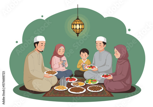 A multi-generational Muslim family sits together on a rug, sharing a festive Iftar meal to break their fast during Ramadan.